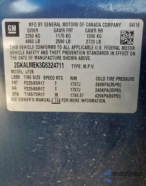 2016 GMC Terrain z USA, uszkodzony, nr VIN 2GKALMEK3G6324711